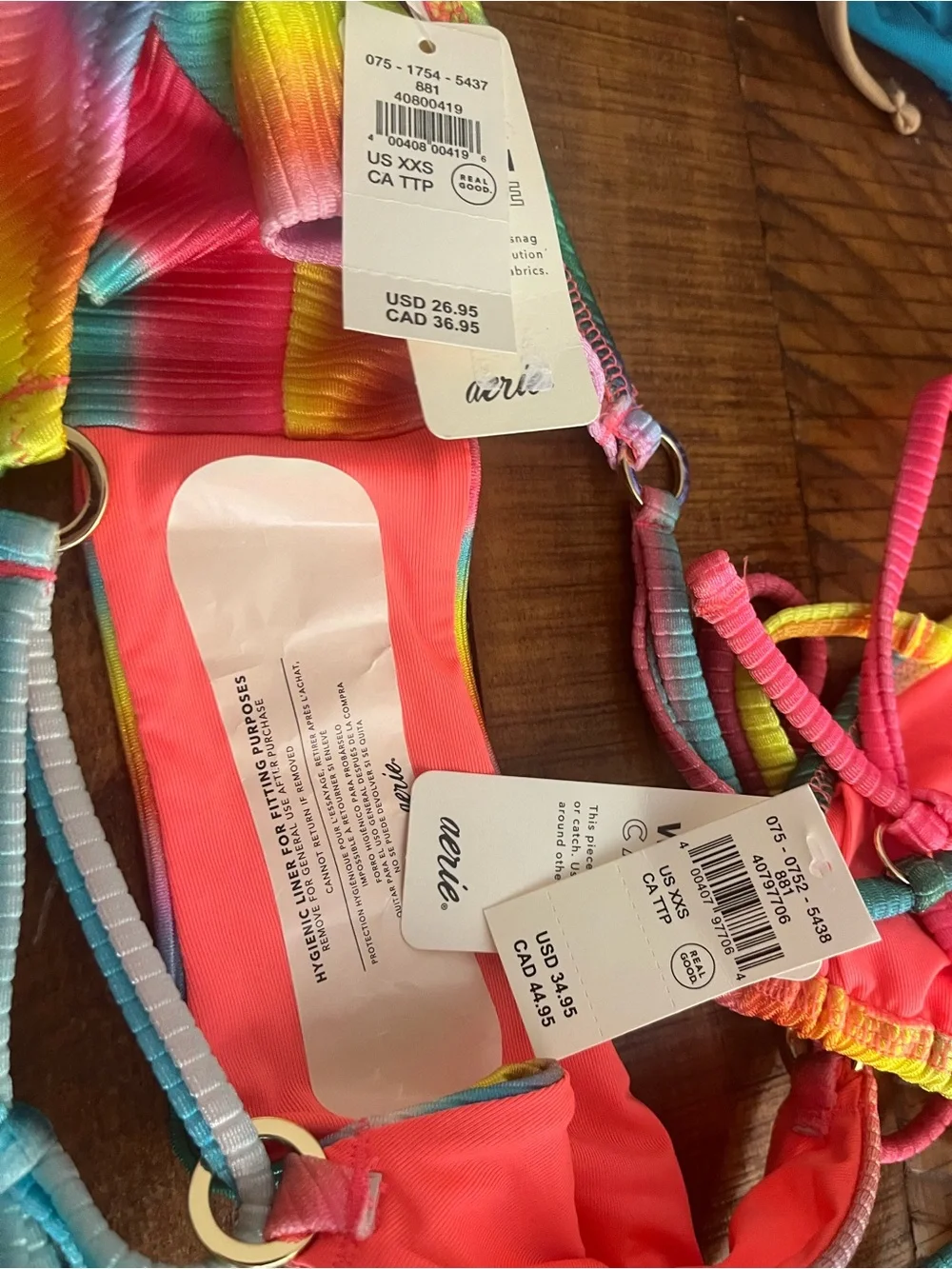 NWT Aerie FULL SET Shine Rib String Triangle Top + Cheekiest Tie Bottom Rainbow